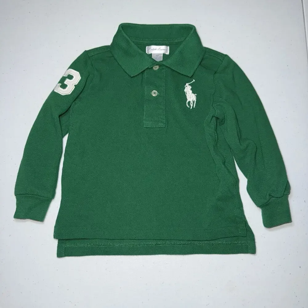 Ralph Lauren Baby Boy’s Cotton Mesh Polo Shirt Long Sleeve Green Size 18M